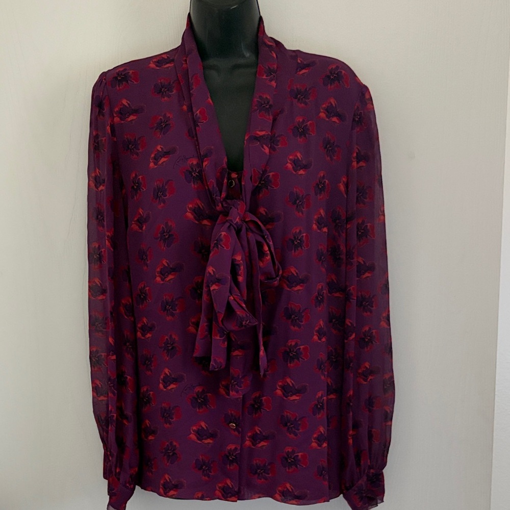Tory Burch Purple Blouse with Red Floral Bow Tie